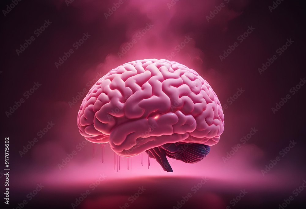 Three-dimensional of a human brain. Pink color, floating against a dark background suffused with a pinkish-purple glow Three-dimensional of a human brain. Pink color, floating against a dark background suffused with a pinkish-purple glow
