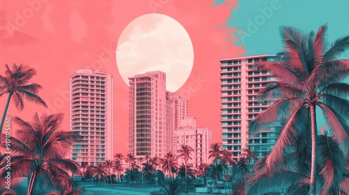 Miami Summer Vibes retro illustration. Vintage pink and blue colors, buildings, California palm trees, 80s style. Generation of Ai