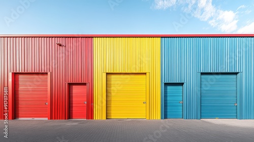 Mini colorful metal sheds for rent, shed exterior, industrial garage building. Ai generation