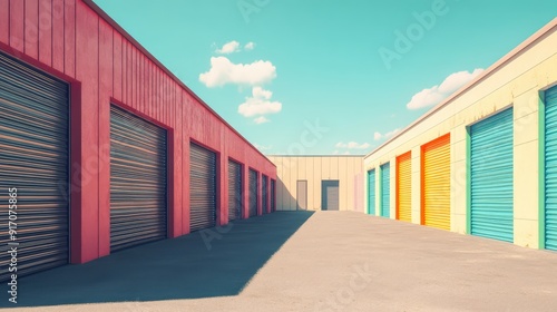 Mini colorful metal sheds for rent, shed exterior, industrial garage building. Ai generation