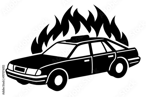 Silhouette vector design of a police patrol car set on fire with many flames on a white background