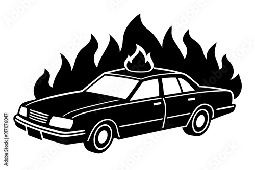 Silhouette vector design of a police patrol car set on fire with many flames on a white background