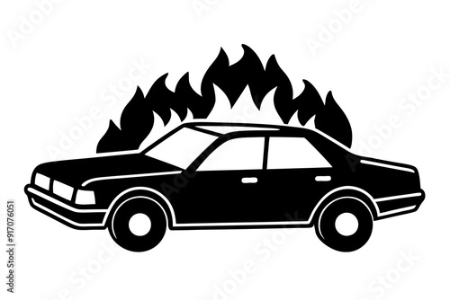 Silhouette vector design of a police patrol car set on fire with many flames on a white background