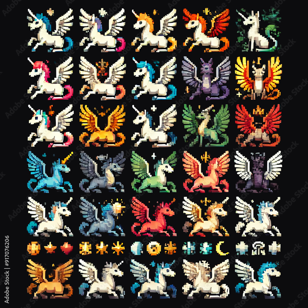 Obraz premium Colorful pixel art icons of Hippogriff for RPG use