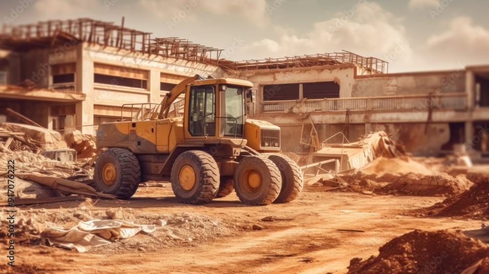 Demolition Work, Yellow Excavator on a Construction Site Demolition Work, Yellow Excavator on a Construction Site