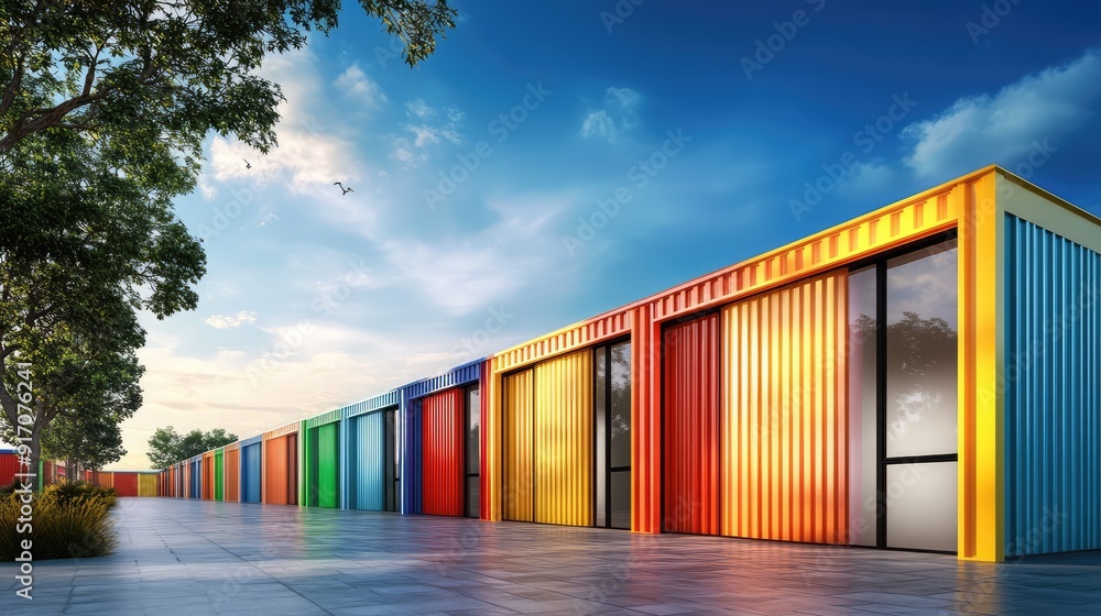 Naklejka premium Mini colorful metal sheds for rent, shed exterior, industrial garage building. Ai generation