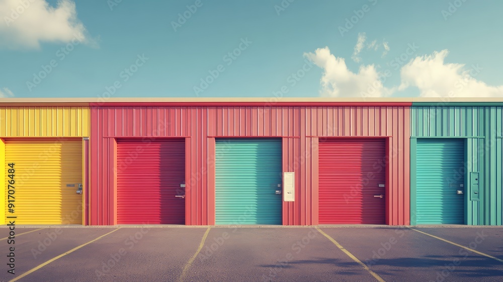 Fototapeta premium Mini colorful metal sheds for rent, shed exterior, industrial garage building. Ai generation