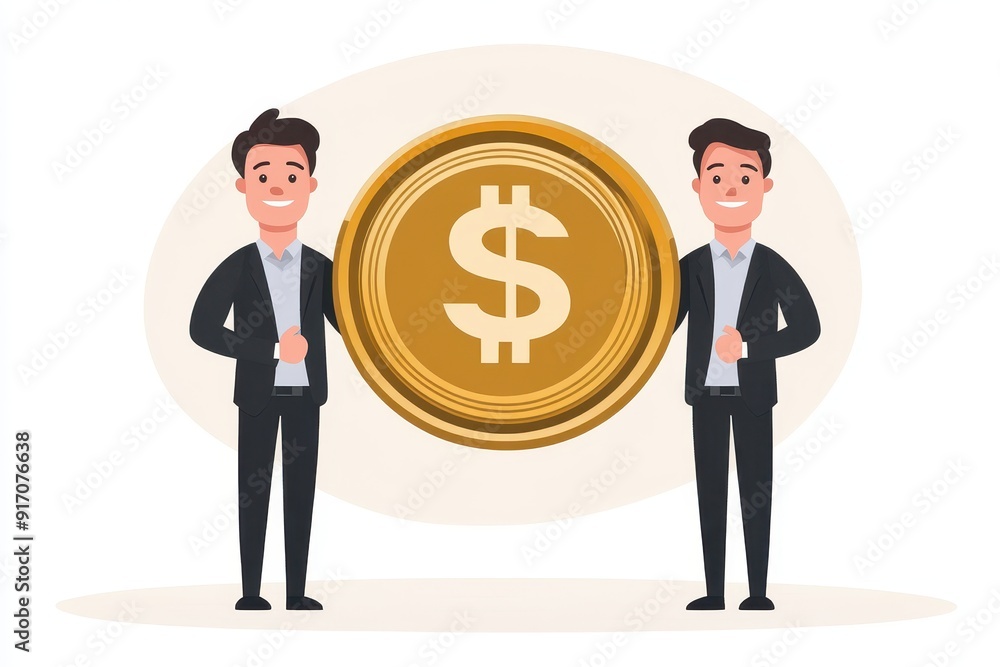 Two businessmen standing with a large dollar coin, representing finance, partnership, and success in business. Two businessmen standing with a large dollar coin, representing finance, partnership, and success in business.