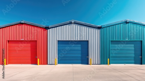 Mini colorful metal sheds for rent, shed exterior, industrial garage building. Ai generation