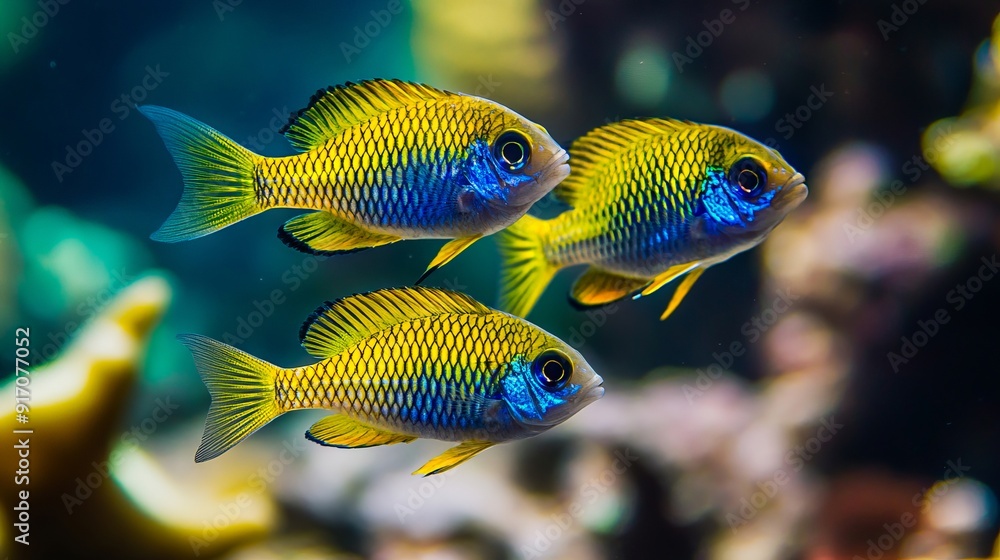 A couple of yellow and blue fish swimming in an aquarium A couple of yellow and blue fish swimming in an aquarium