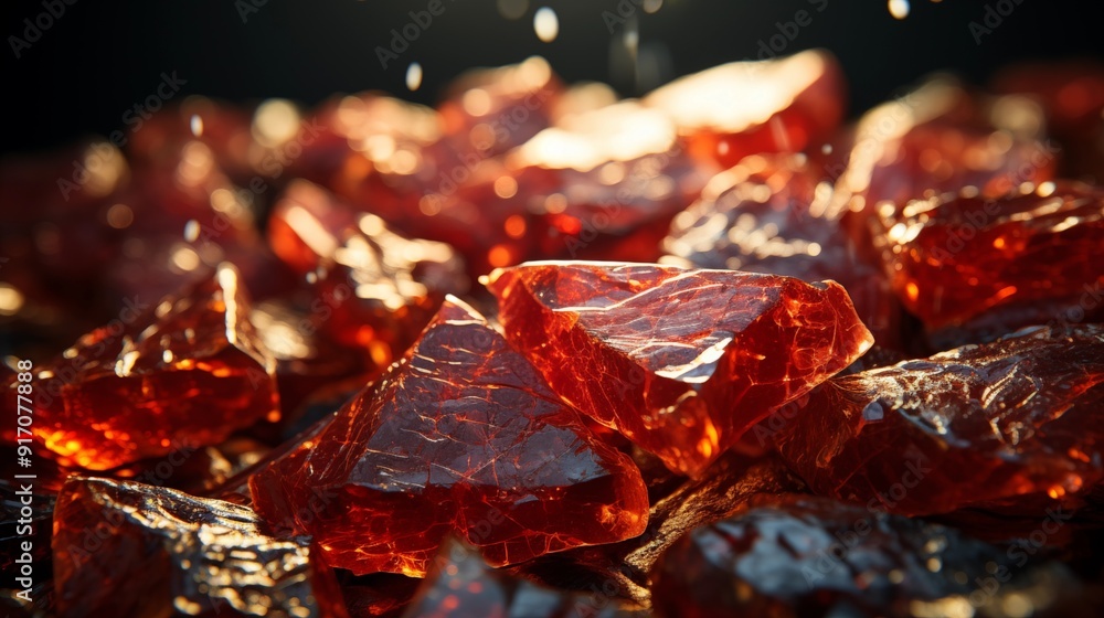 Jerky in a detailed close-up, highlighting the rich textures, front view from above, studio lighting, white background. Jerky in a detailed close-up, highlighting the rich textures, front view from above, studio lighting, white background.
