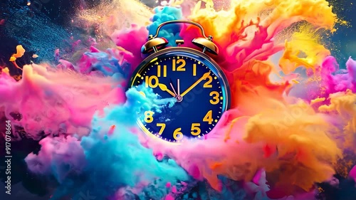 A clock surrounded by a colorful burst, blending hues of blue, pink, and yellow in an artistic celebration of time's beauty and dynamism