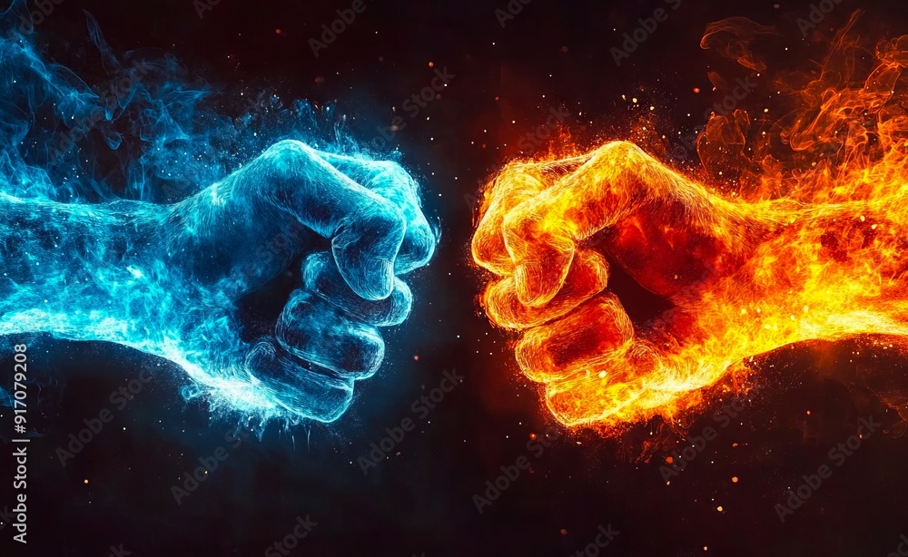 Two fists in the air with fire and blue flames Two fists in the air with fire and blue flames