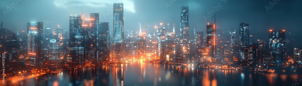 A vibrant, futuristic city skyline illuminated at night, reflecting on water. A vibrant, futuristic city skyline illuminated at night, reflecting on water.
