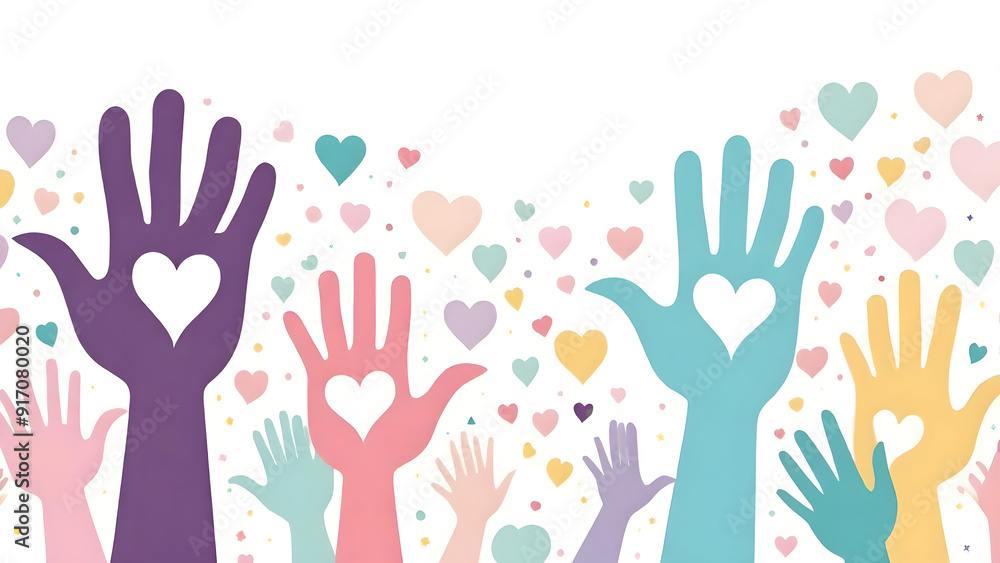 a group of raised hands in a colorful banner in vector style, symbolizing unity, volunteerism, and collective effort It represents the concept of helping hands coming together a group of raised hands in a colorful banner in vector style, symbolizing unity, volunteerism, and collective effort It represents the concept of helping hands coming together