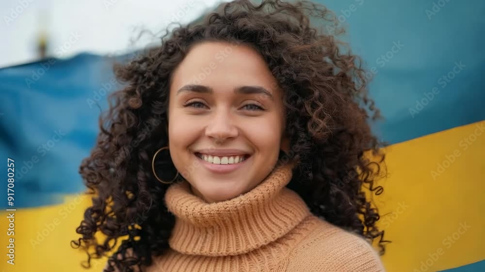 A young woman smiles brightly while holding a colorful flag, embodying joy and pride in her cultural heritage on a beautiful day A young woman smiles brightly while holding a colorful flag, embodying joy and pride in her cultural heritage on a beautiful day