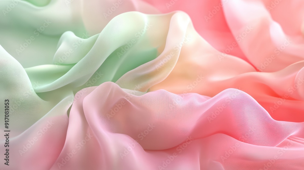 Obraz premium Light pink and green flowing chiffon fabric texture. Bright summer banner, material, photorealistic abstract background. AI generation