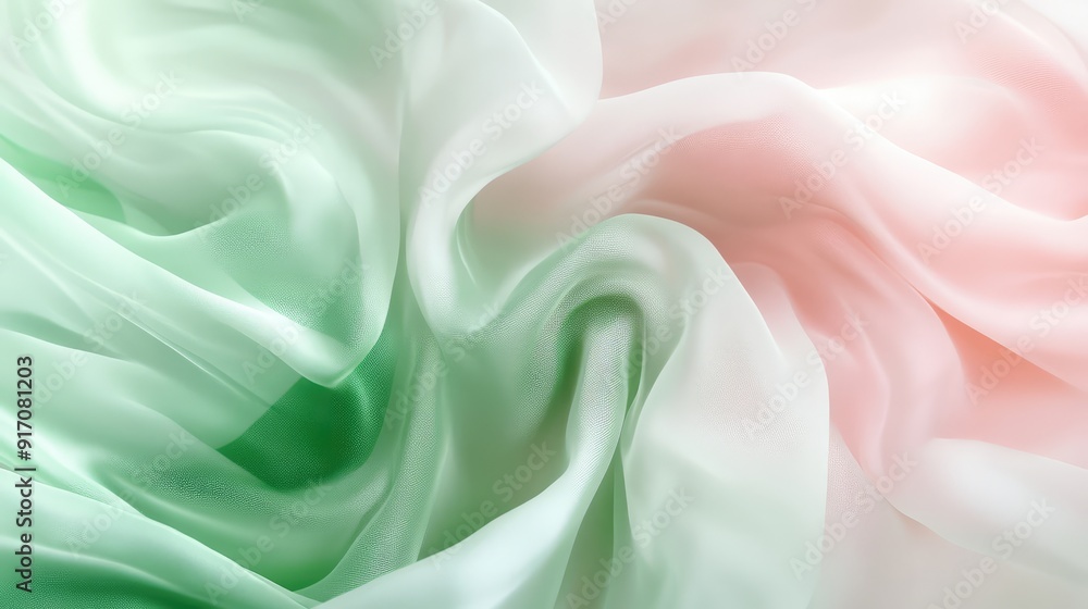 Fototapeta premium Light pink and green flowing chiffon fabric texture. Bright summer banner, material, photorealistic abstract background. AI generation
