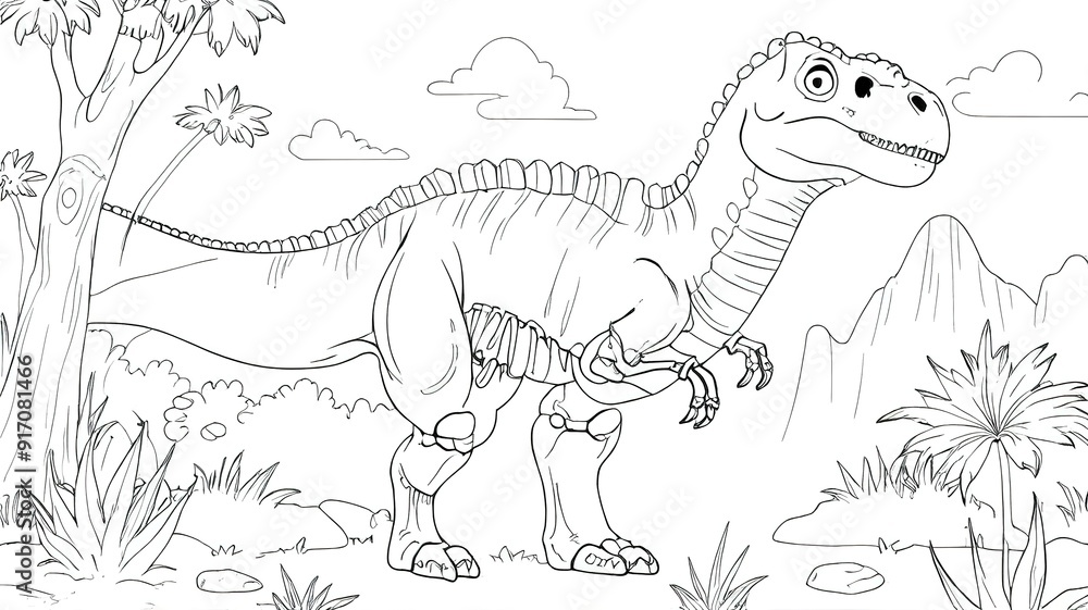 Coloring book page of friendly dinosaurs in a forest setting with mountains. Coloring book page of friendly dinosaurs in a forest setting with mountains.