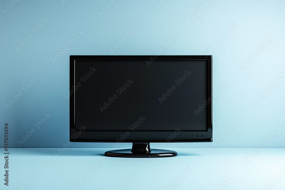 Black television on a blue background in a minimalist setting Black television on a blue background in a minimalist setting