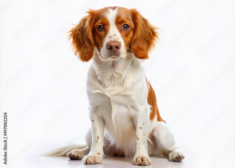Adorable Brittany Spaniel dog with floppy ears and bright brown eyes sits calmly on a pure white background, showcasing its gentle and affectionate nature. Adorable Brittany Spaniel dog with floppy ears and bright brown eyes sits calmly on a pure white background, showcasing its gentle and affectionate nature.