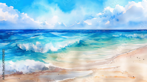 Watercolor Seascape: A serene and vibrant watercolor painting depicting a breathtaking seascape with gentle waves crashing against a sandy shore, under a sky filled with fluffy white clouds. This evoc photo