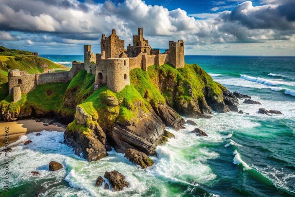 Majestic medieval English castle ruins perched atop rugged seaside rocks, surrounded by lush greenery and ocean waves crashing against the weathered stone walls. Majestic medieval English castle ruins perched atop rugged seaside rocks, surrounded by lush greenery and ocean waves crashing against the weathered stone walls.