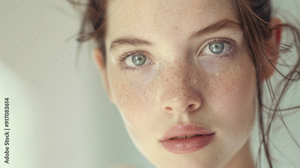 A close-up portrait of a young woman with damp hair and bright eyes, flawless skin, gentle makeup, posing with a surprised expression A close-up portrait of a young woman with damp hair and bright eyes, flawless skin, gentle makeup, posing with a surprised expression