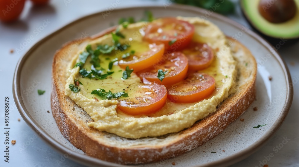 Fresh avocado hummus toast topped with tomatoes and herbs on a plate Fresh avocado hummus toast topped with tomatoes and herbs on a plate