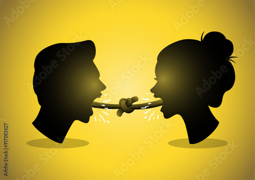Couple shouting with tangled tongues