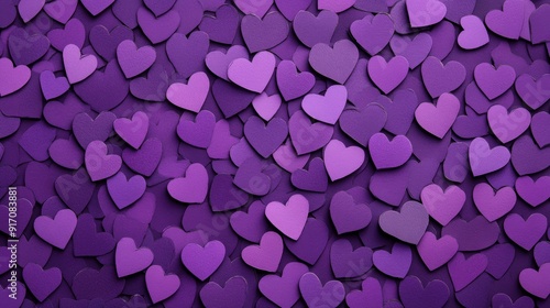 A vibrant collage of purple hearts creating a romantic and whimsical background, perfect for love-themed designs.