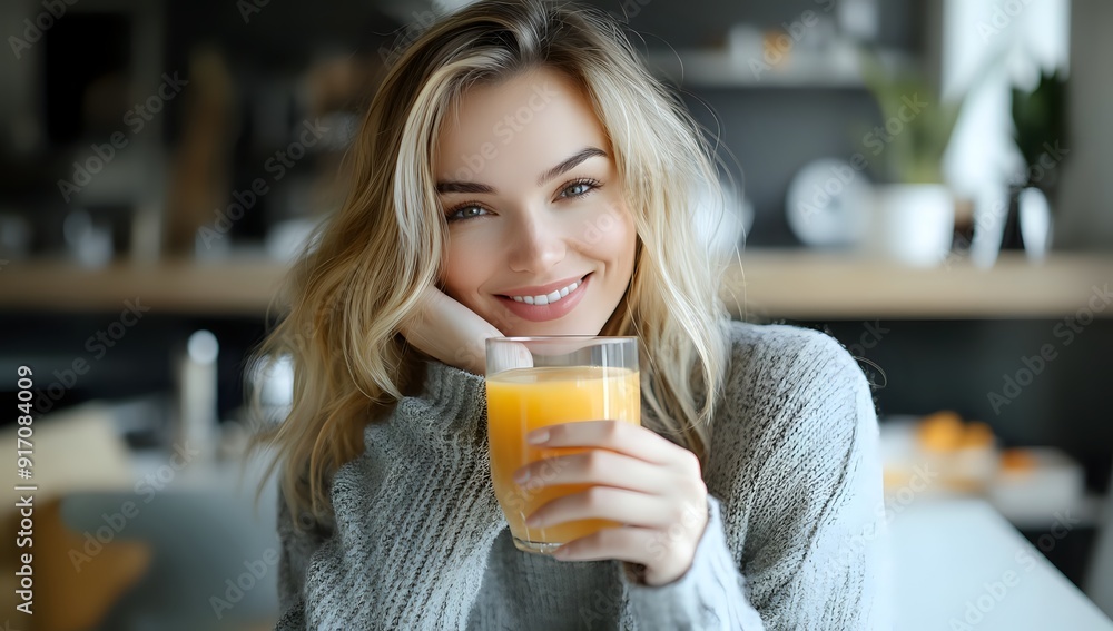 Woman Drinking Orange Juice, Healthy Lifestyle, Smiling and Enjoying a Refreshing Drink, Healthy Breakfast, Vitamin C, Morning Routine, Natural Light, Kitchen Setting, Good Nutrition Woman Drinking Orange Juice, Healthy Lifestyle, Smiling and Enjoying a Refreshing Drink, Healthy Breakfast, Vitamin C, Morning Routine, Natural Light, Kitchen Setting, Good Nutrition