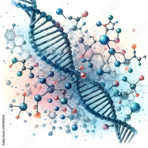 Generative AI   Detailed illustration of a DNA molecule with prominent strands and molecular elements, emphasizing genetic structure.
