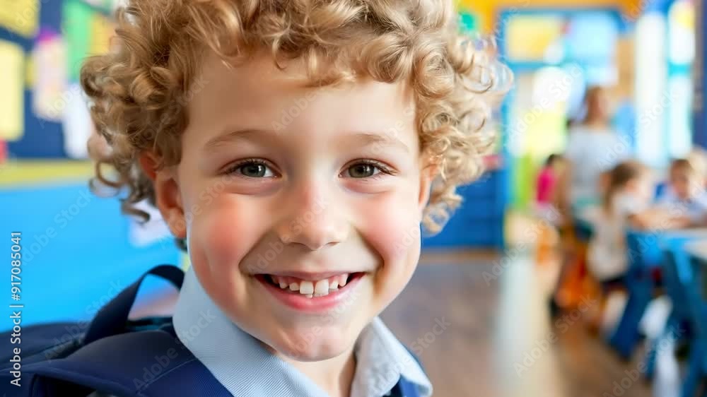 A cheerful child smiles brightly as he prepares for a day of learning surrounded by friends in a vibrant classroom setting A cheerful child smiles brightly as he prepares for a day of learning surrounded by friends in a vibrant classroom setting