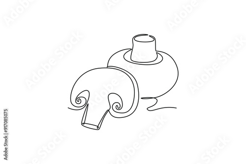 Single continuous line drawing whole healthy organic mushrooms for farm or harvest logo identity. Fresh toadstool concept for vegetable icon. Dynamic one line draw graphic design vector illustration