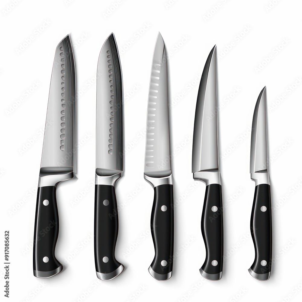 Set of five sharp kitchen knives with black handles. Set of five sharp kitchen knives with black handles.