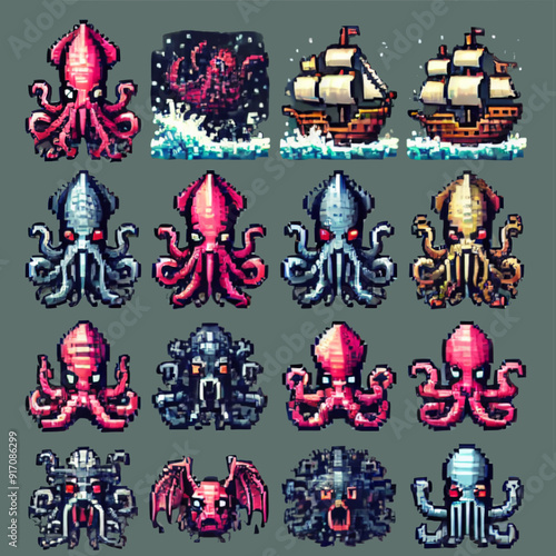 Sprite sheet of pixel art icons with Kraken theme