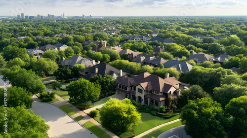 Upscale residential neighborhood mansion houses expensive twostory singlefamily homes suburbs Dallas Texas with lush greenery trees park side wealthy subdivision suburban area aerial v : Generative AI photo