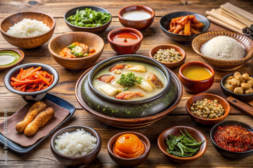 Traditional Korean table setting with bowls Traditional Korean table setting with bowls