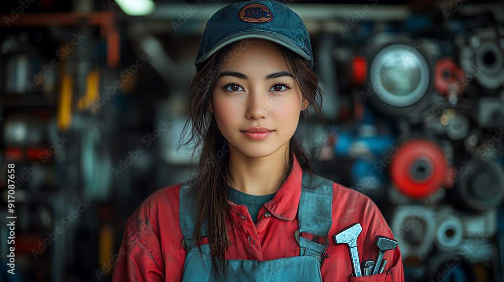 Obraz premium A confident woman mechanic standing in front of tools, showcasing her skills and passion for automotive work.