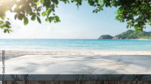Marble Tabletop with Beach Background