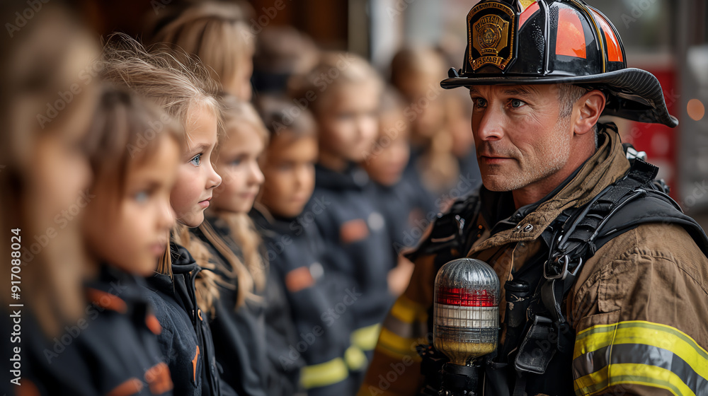 A firefighter interacts with a group of girls in uniform, promoting safety and bravery in a supportive environment. A firefighter interacts with a group of girls in uniform, promoting safety and bravery in a supportive environment.