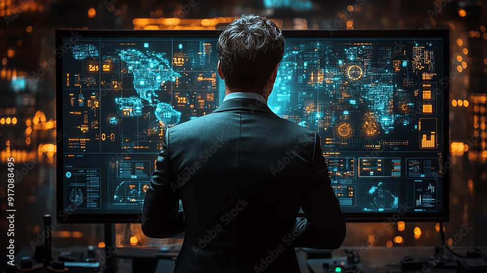A professional analyzing data on a futuristic digital interface, surrounded by high-tech visuals and illuminated cityscape. A professional analyzing data on a futuristic digital interface, surrounded by high-tech visuals and illuminated cityscape.