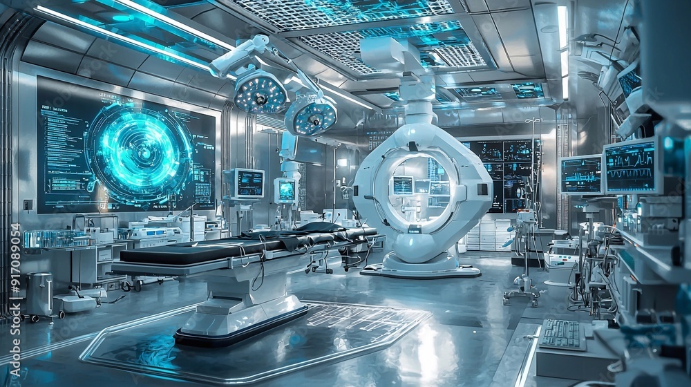 Robotic surgical operating room, detailed, high-tech, futuristic medical equipment Robotic surgical operating room, detailed, high-tech, futuristic medical equipment