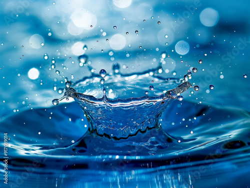 A splash of water in the air with a blue background