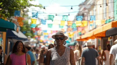 A vibrant street scene with festive decorations and people enjoying a sunny day, showcasing community spirit and celebration.