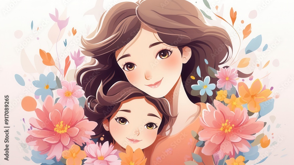 Mothers Day card illustration, isolate, white background, flat design, front view, heartfelt theme, cartoon drawing, colored pastel. Mothers Day card illustration, isolate, white background, flat design, front view, heartfelt theme, cartoon drawing, colored pastel.