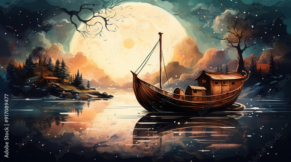 Obraz premium A serene landscape featuring a boat on a calm lake, bathed in moonlight with enchanting reflections and soft colors.