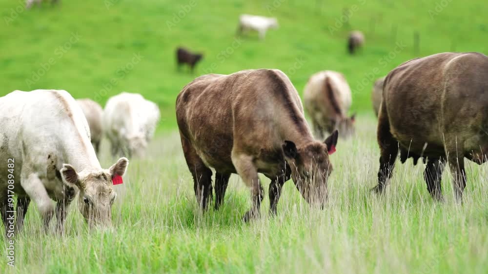 Beef cows and calfs grazing on grass in south west victoria, Australia. eating hay and silage. breeds include specked park, murray grey, angus and brangus Beef cows and calfs grazing on grass in south west victoria, Australia. eating hay and silage. breeds include specked park, murray grey, angus and brangus