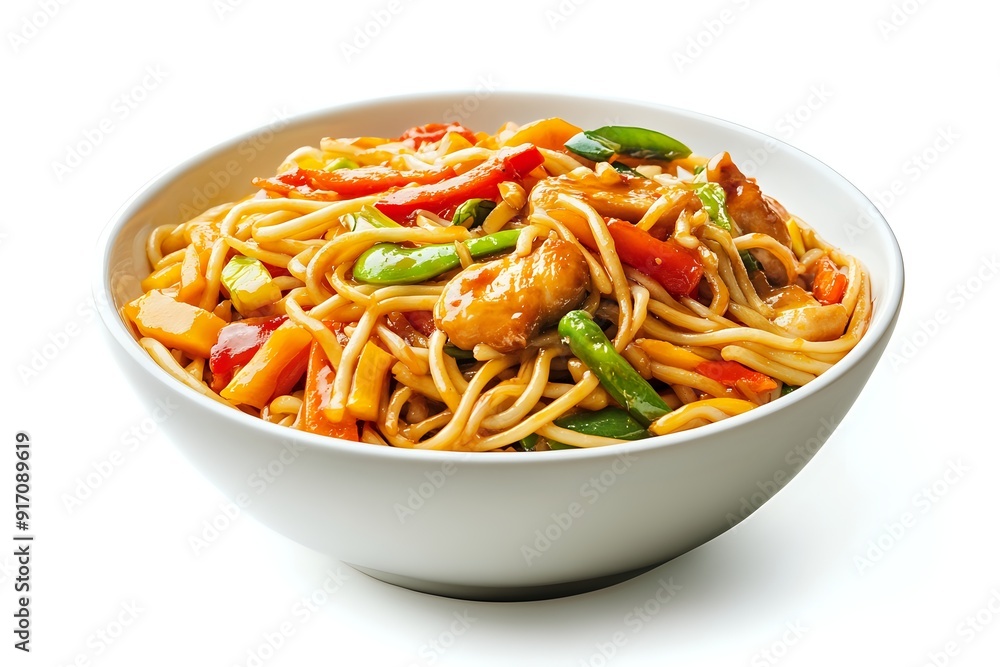 Chicken and Vegetable Stir-Fry Noodles with a Savory Sauce in a White Bowl Chicken and Vegetable Stir-Fry Noodles with a Savory Sauce in a White Bowl